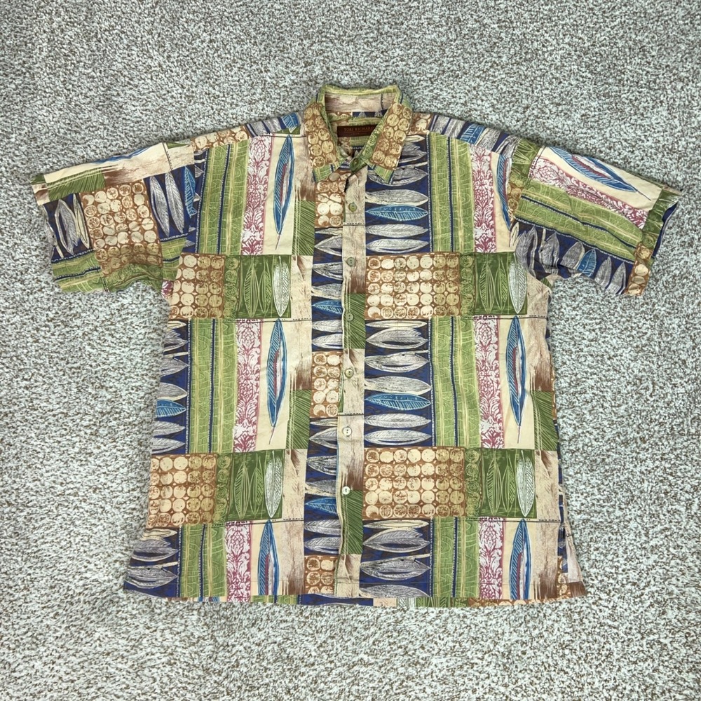 Tori Richard Shirt Mens Medium Green Aloha Tropical Surfboard Cotton Lawn Patch
